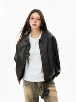 Faux Leather Bomber Jacket With Elastic Cuffs And Hem -Modern Wear Shop f373dd6b26c183420369ceb95cc01a41