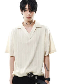 Textured Knit V-Neck Polo Collar Short Sleeve Top