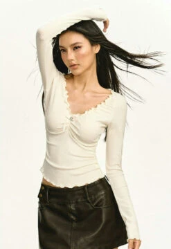 Scalloped Neckline Ribbed Long Sleeve Top -Modern Wear Shop f431a71daef1aa7f288052f0e51ae8c5