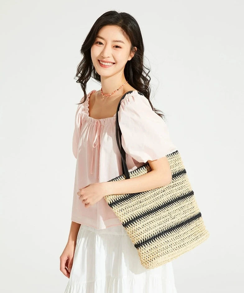 Woven Striped Tote With Leather Handles 3 Woven Striped Tote With Leather Handles - Image 3