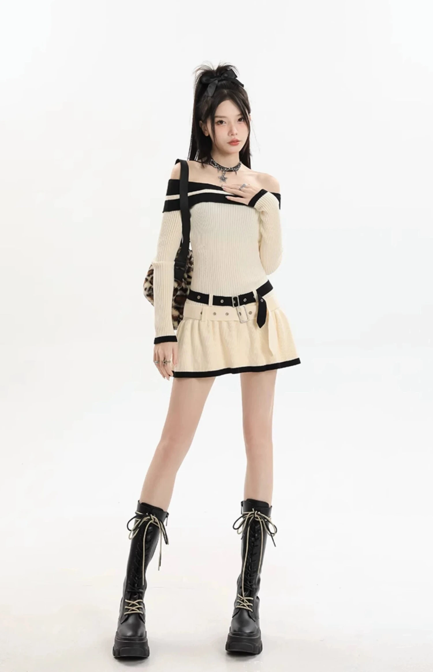 Contrast Trim Off-Shoulder Knit Midi Dress With Double Belt Detail 8 Contrast Trim Off-Shoulder Knit Midi Dress With Double Belt Detail - Image 8