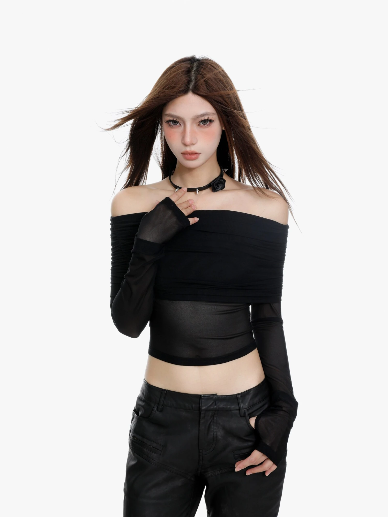Off-Shoulder Layered Sheer Sleeve Crop Top 3 Off-Shoulder Layered Sheer Sleeve Crop Top - Image 3