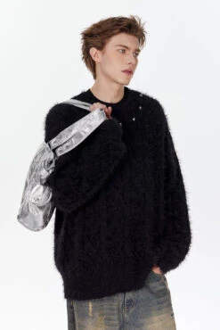 Studded Crew Neck Fuzzy Cable Knit Sweater -Modern Wear Shop f5de51b8bd7aeebf4a45747bcaaaa10b