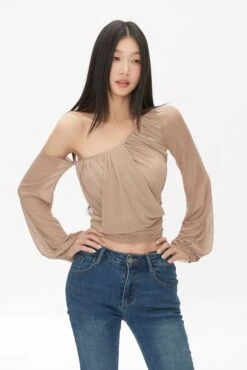 One Shoulder Ruched Mesh Long Sleeve Top -Modern Wear Shop f5e7873f881bd69a4bda0e363185af9c
