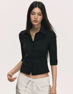 Skinny Button-Up Collared Shirt With Cropped Sleeves -Modern Wear Shop f5f85762ce70e1f2273586eb74ae4679