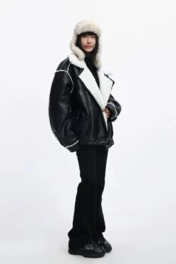 Oversized Faux Leather Jacket With Sherpa Lining And Trim -Modern Wear Shop f63d3b74b378e56c296d2c31151f37c5