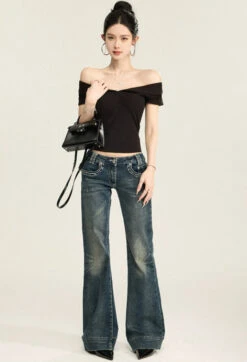 Off Shoulder Folded Collar Short Sleeve Top -Modern Wear Shop f674c7388fab9ed00536028d58716a81