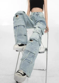 Patchwork Denim Cargo Pants With Strap Details -Modern Wear Shop f6e34212ddf4c38d85d88c3746717e04