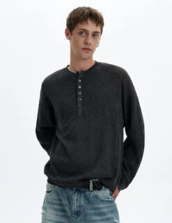 Textured Long Sleeve Sheer Henley Top With Button Detail -Modern Wear Shop f6f03a806da062d05b5f3bb277a50773