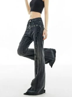 Distressed Stitch Flare Denim Jeans With Metallic Detail Belt -Modern Wear Shop f737a6c75bcc124b261df25e75891965