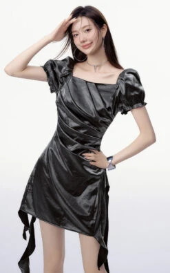 Satin Puff Sleeve Ruched Asymmetric Mini Dress