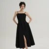 Pleated Spaghetti Strap Midi Dress With Front Slit