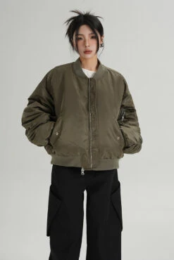 Oversized Mid-Crop Bomber Jacket With Sleeve Zip Pocket