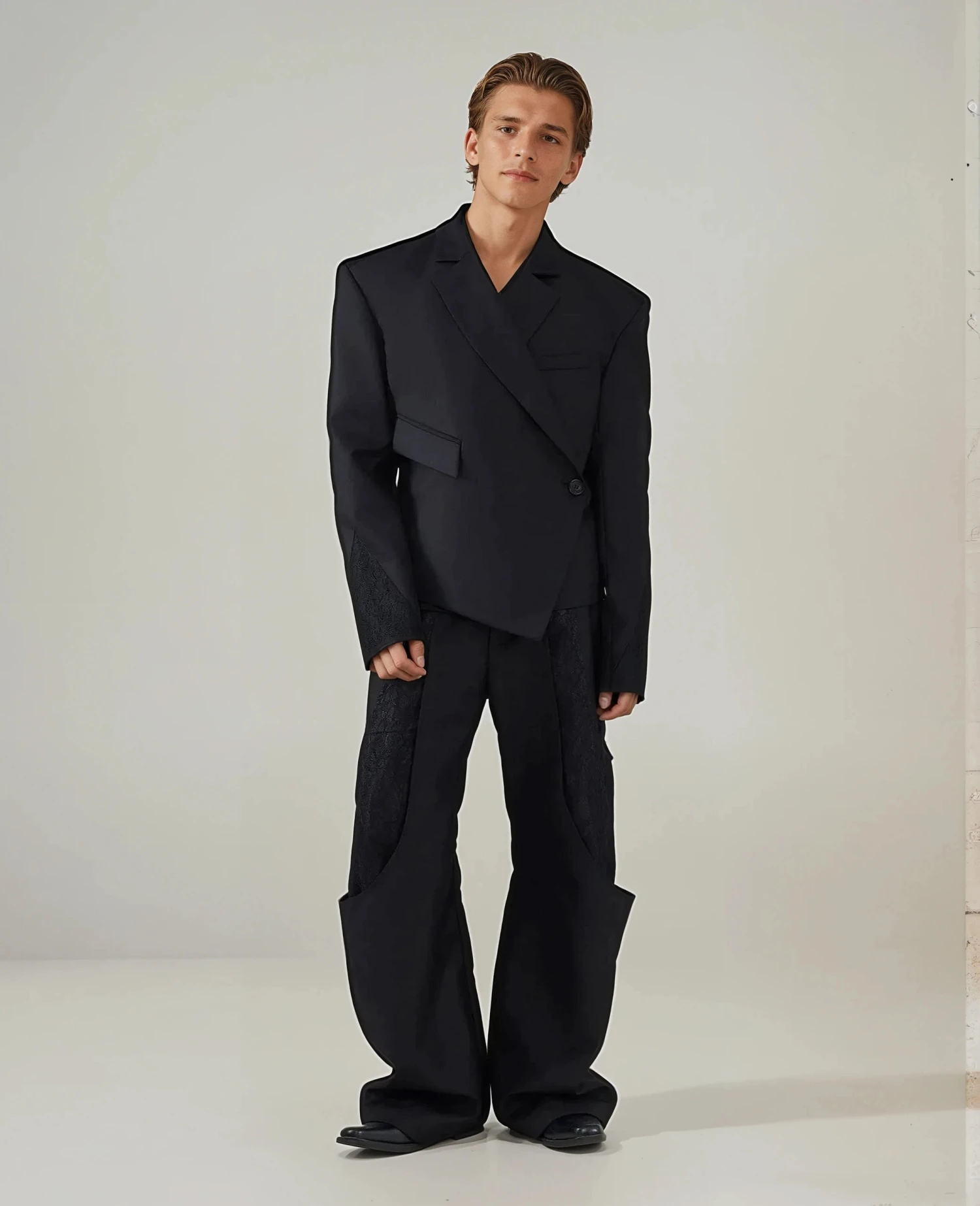 Asymmetric Overlap Button Lace Patchwork Blazer 3 Asymmetric Overlap Button Lace Patchwork Blazer - Image 3