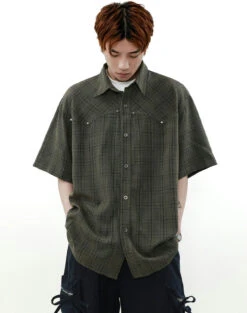 Oversized Plaid Button-Up Short Sleeve Shirt -Modern Wear Shop f7eee8db5143f0ba9b73a46e1b2ffbde