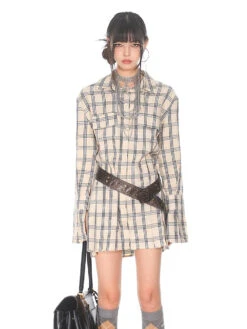 Flare Long Sleeve Pleated Mini Shirt-Dress