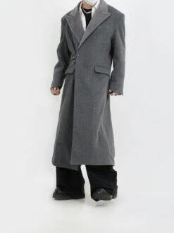 Oversized Velvet-Lapel Long Coat With Metal Buckles -Modern Wear Shop f80b8f90960160441b6f73922f27e145