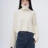 Drop Shoulder Turtleneck Ribbed Knit Top