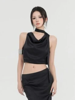 Sleeveless Cowl Neck Short Top With Scarf -Modern Wear Shop f83f27b6ab5e2fc0abeb63377de92f99