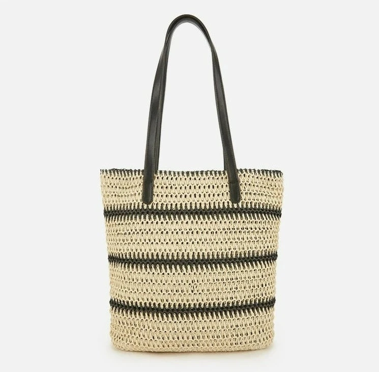 Woven Striped Tote With Leather Handles 5 Woven Striped Tote With Leather Handles - Image 5