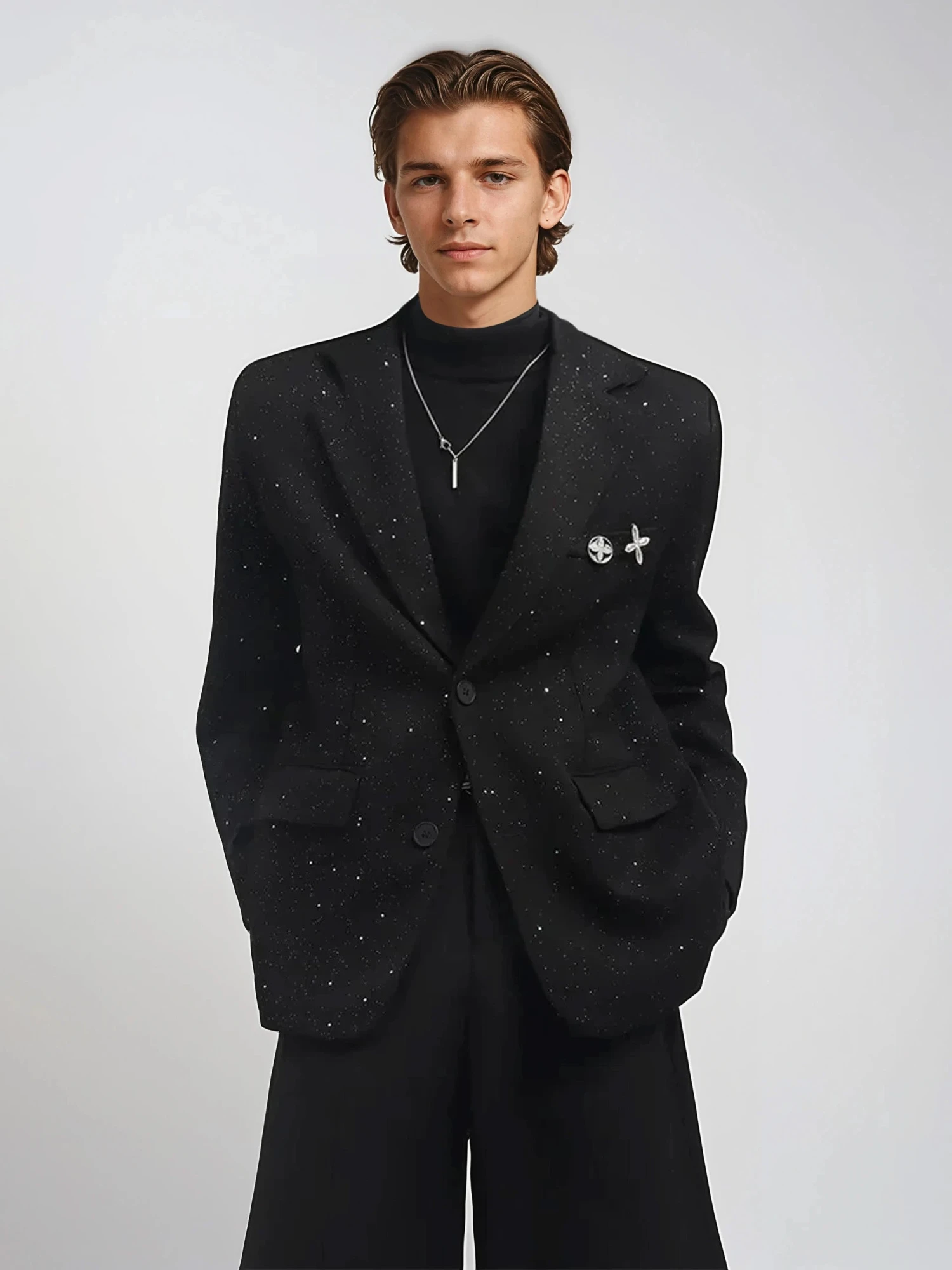 Oversized Starry Speckled Blazer With Pocket Pins 1 Oversized Starry Speckled Blazer With Pocket Pins