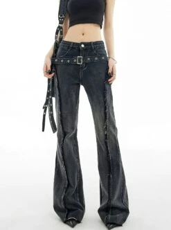 Distressed Stitch Flare Denim Jeans With Metallic Detail Belt -Modern Wear Shop f8b612ed72ff6b594a48bdf28bdd30d0