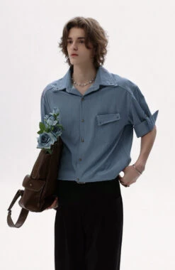 Button-Up Shirt With Rolled Tab Sleeves And Chest Pocket -Modern Wear Shop f8cb8302f72312c801ed695541ad479f