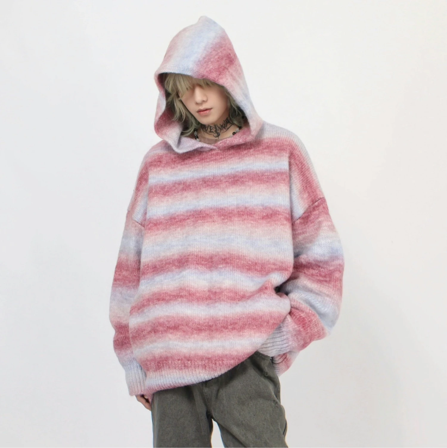Oversized Pastel Striped Ribbed Hem Hoodie Sweater 9 Oversized Pastel Striped Ribbed Hem Hoodie Sweater - Image 9