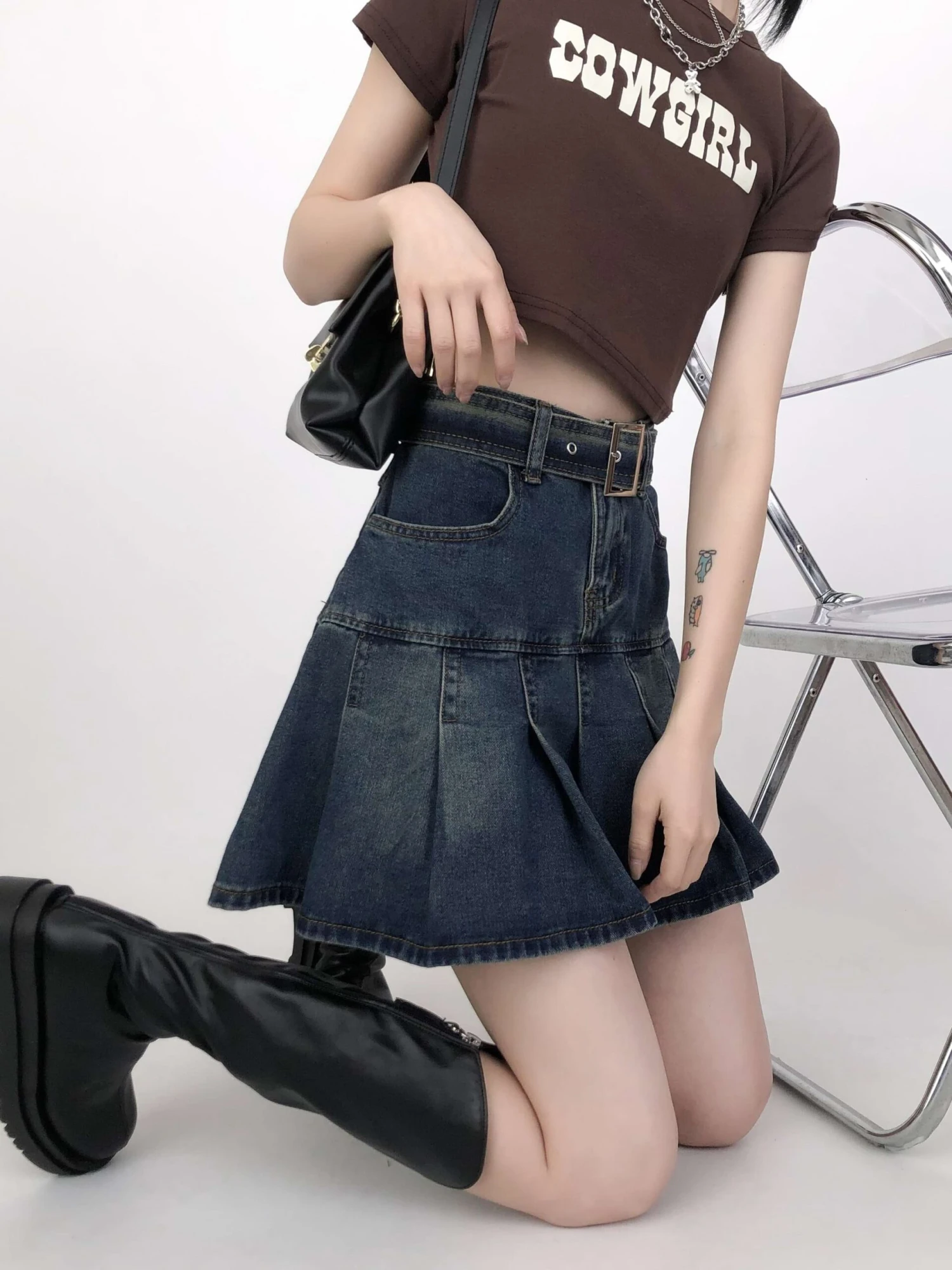 Tier Pleated Mini Denim Skirt With Belt 10 Tier Pleated Mini Denim Skirt With Belt - Image 10