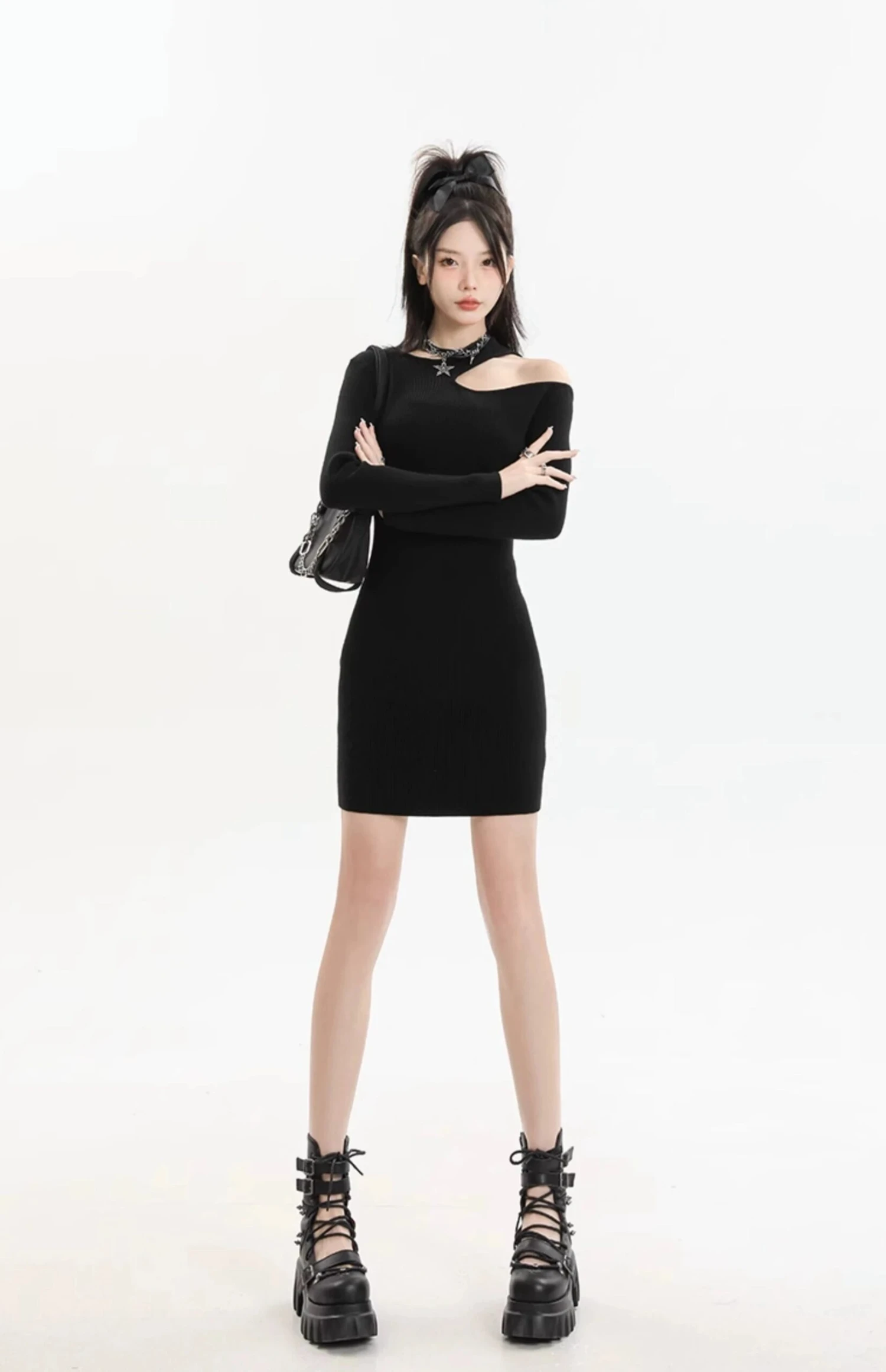 Asymmetric Collar Long Sleeve Bodycon Mini Dress 9 Asymmetric Collar Long Sleeve Bodycon Mini Dress - Image 9
