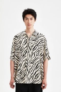 Zebra Print Short Sleeve Button Up Shirt With Chest Pocket