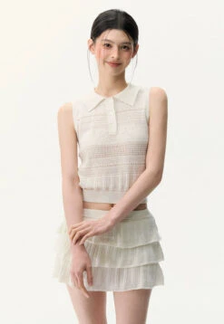 Sleeveless Knit Crop Polo Top And Tiered Mini Skirt Two-Piece Set -Modern Wear Shop fa3488a7eb5bc3e794f7eb1cf50a0923