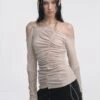 Asymmetric Ruched Off-Shoulder Long Thumbhole Sleeve Top