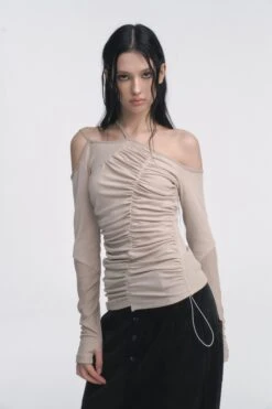 Asymmetric Ruched Off-Shoulder Long Thumbhole Sleeve Top