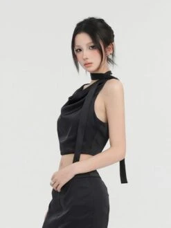 Sleeveless Cowl Neck Short Top With Scarf -Modern Wear Shop fa8948829fa506187beec5c02acd3aa0