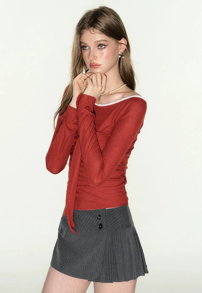 Slim Off Shoulder Ruched Top With Front Knot Tie 8 Slim Off Shoulder Ruched Top With Front Knot Tie - Image 8