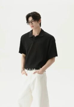 Textured Cable Knit Short Sleeve Polo Shirt -Modern Wear Shop facaad1d1237e3d44ba686f3f1ddba74