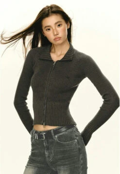 Ribbed Zip-up Slim Cropped Sweater 20 Ribbed Zip-up Slim Cropped Sweater -Modern Wear Shop fae055ff372468ab93a8a7aeb3b287fb