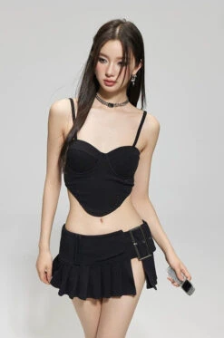 Textured Bustier Bikini Top With Belted Skirtini Set