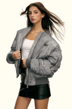 Oversized Faded Bomber Jacket With Ruched Sleeves And Utility Pockets -Modern Wear Shop fb06b71b0e941f22f6d06221ed6154cd