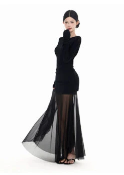 Long Sleeve Off Shoulder Top And Sheer Maxi Skirt Two-Piece Set -Modern Wear Shop fb071c9549138ff8e8bb68c096968405