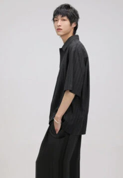 Pinstripe Drop Shoulder Half-Button Collared Shirt -Modern Wear Shop fb3e28ae59fa2a2ac254115ea642073b