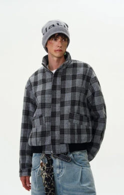 Plaid Bomber Jacket With Stand Collar