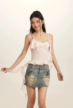 Spaghetti Strap Ruffle Trim Top With Floral Accent -Modern Wear Shop fbb0428a068d310b407d4625e7f32b21