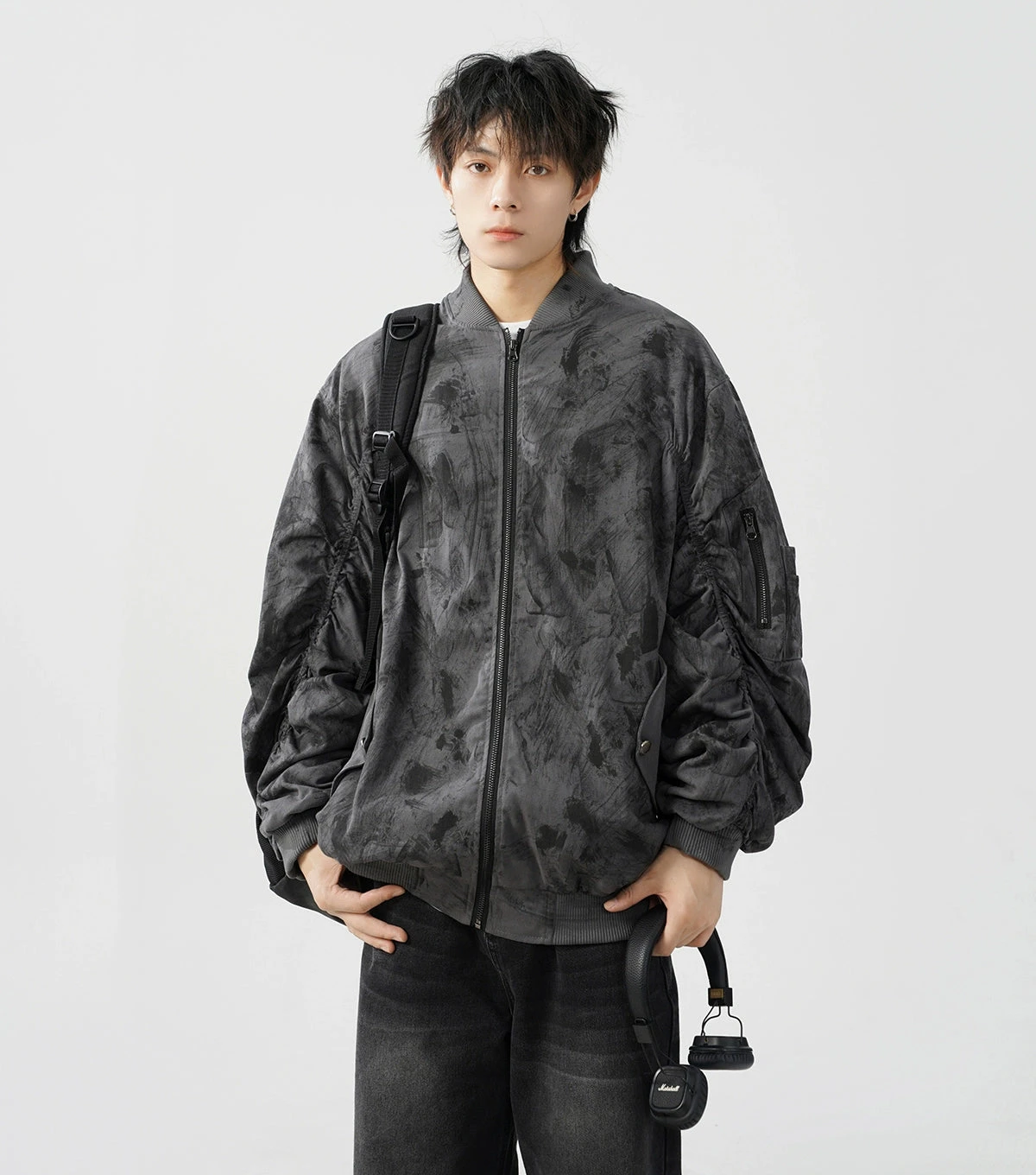Abstract Print Bomber Jacket With Ruched Sleeve 6 Abstract Print Bomber Jacket With Ruched Sleeve - Image 6