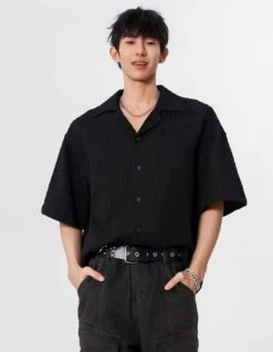Textured Button-Up Shirt With Camp Collar -Modern Wear Shop fbf78989fed9983cfe6c3ad33cc2d49a