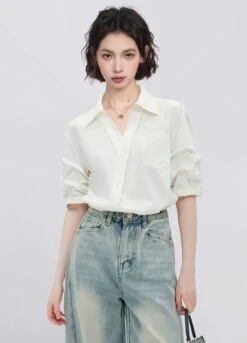 Collared V-Neck Blouse With Ruched Sleeves And Chest Pocket