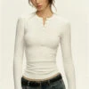 Ribbed Long Sleeve O-Neck Henley Top