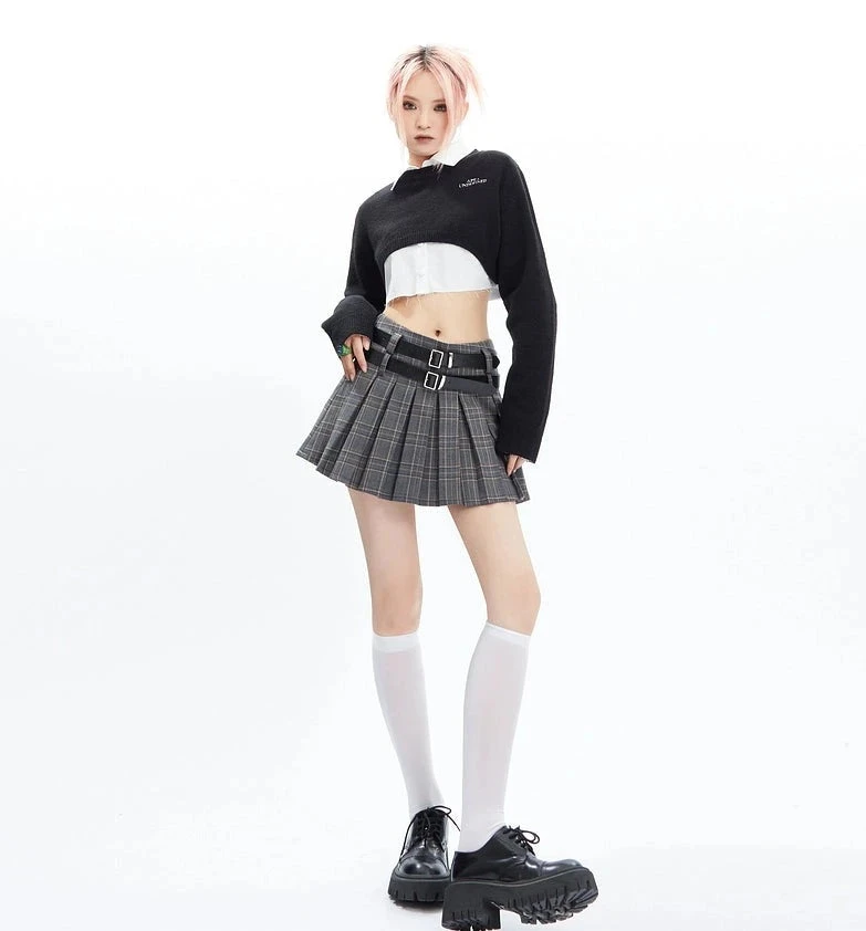 Plaid Pleated Double-Belted Mini Skirt 10 Plaid Pleated Double-Belted Mini Skirt - Image 10
