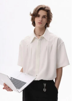 Structured Short-Sleeve Shirt With Pleated Front And Concealed Placket -Modern Wear Shop fcd5243d4fb02ce7464e469d500f0de8